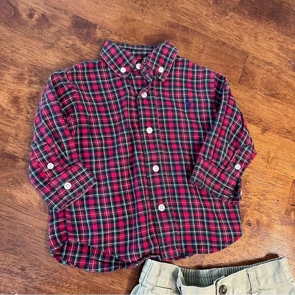 Ralph Lauren Plaid Shirt and Khaki pants set size 9 months 100% cotton
